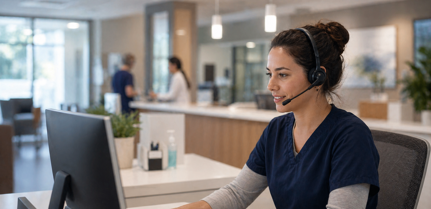 Healthcare patient access coordinator using an AI-assisted communications platform at a clinic front desk.