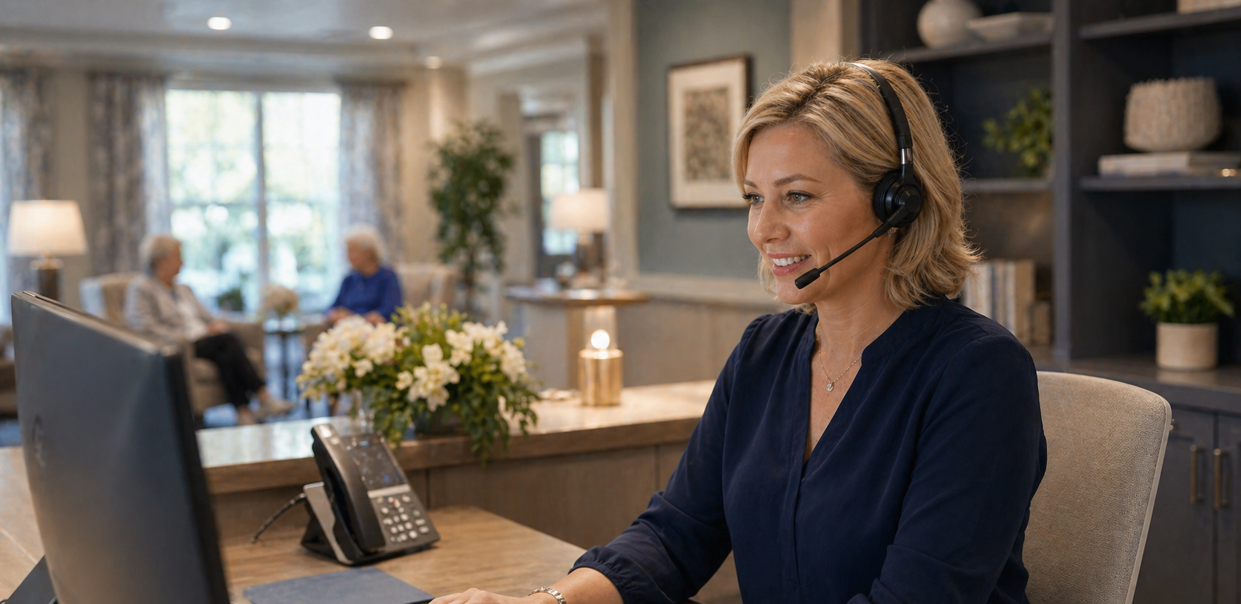 Senior living community staff member coordinating resident and family calls from a calm operations desk.